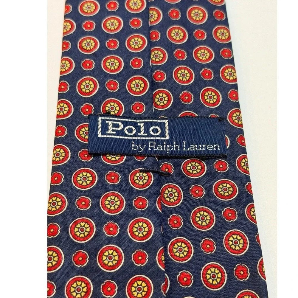 Polo Ralph Lauren Necktie Navy Blue Linen Silk Medallion Geometric Preppy Tie